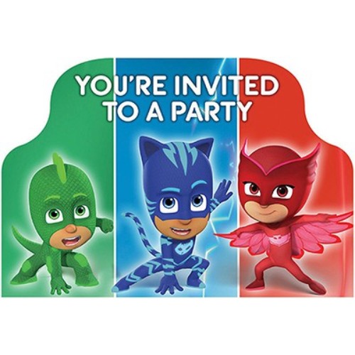 Colorful PJ Masks birthday invitations featuring Catboy, Owlette, and Gekko, ideal for a superhero-themed celebration.