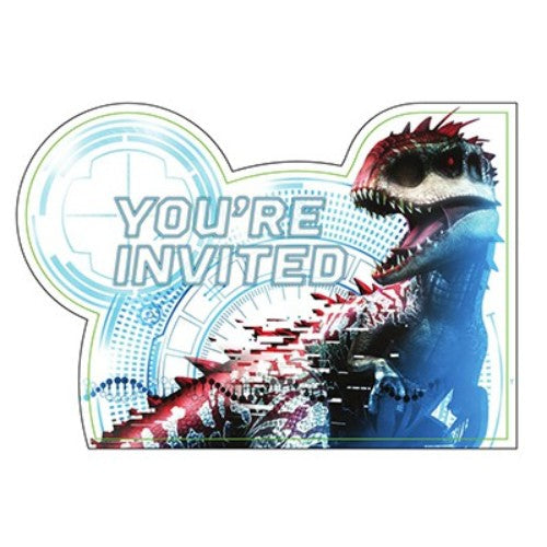 Jurassic World invitations pack of 8, featuring vibrant designs, envelopes, and 'Save the Date' stickers for dino-themed parties.