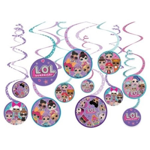 Vibrant LOL Surprise spiral decorations featuring 12 colorful cutouts, perfect for kids' parties and themed events.