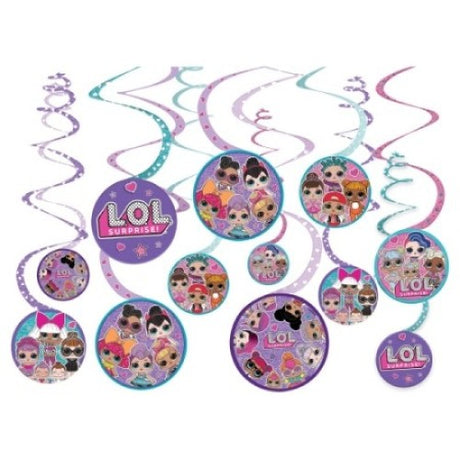 Vibrant LOL Surprise spiral decorations featuring 12 colorful cutouts, perfect for kids' parties and themed events.