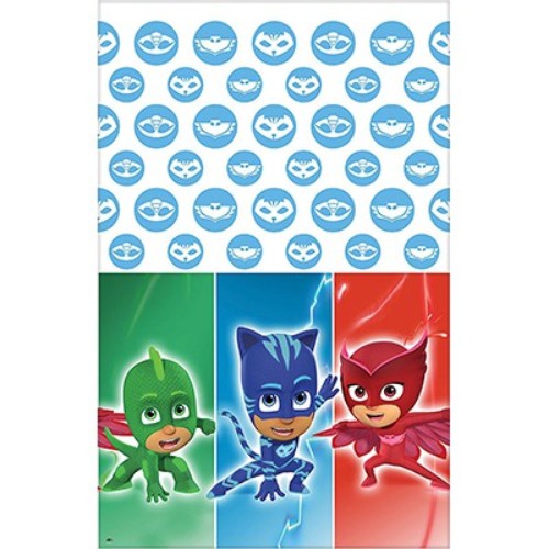 Vibrant PJ Masks plastic tablecover featuring Catboy, Owlette, and Gekko, perfect for kids' superhero-themed parties.