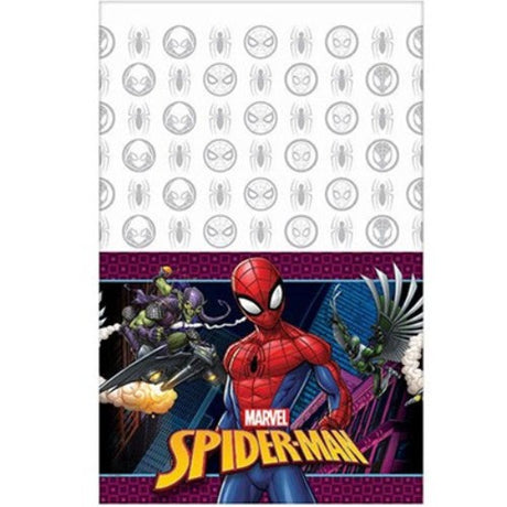 Spiderman Webbed Tablecover in vibrant colors, measuring 137cm x 243cm, perfect for themed parties.