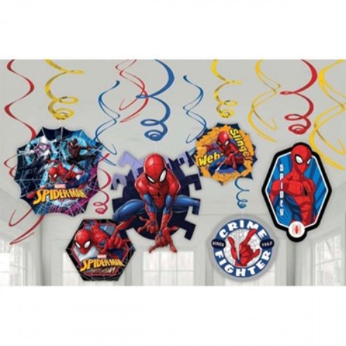 Spiderman webbed hanging swirl decorations pack of 12 with colorful cutouts for themed parties.