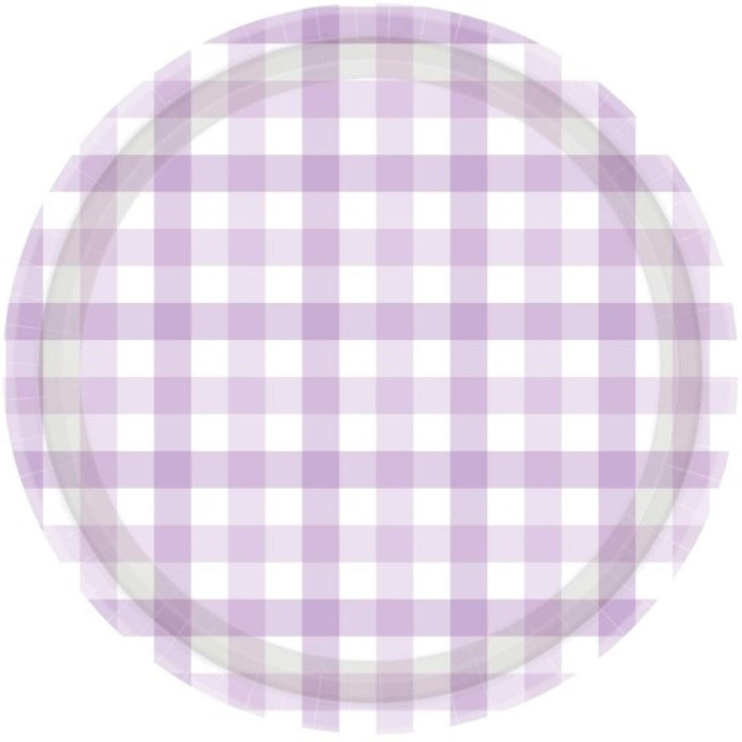 Pastel purple 17cm paper plates with a charming gingham pattern, ideal for stylish and eco-friendly celebrations. Pack of 8.