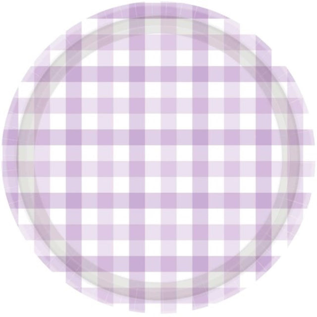 Pastel purple 17cm paper plates with a charming gingham pattern, ideal for stylish and eco-friendly celebrations. Pack of 8.