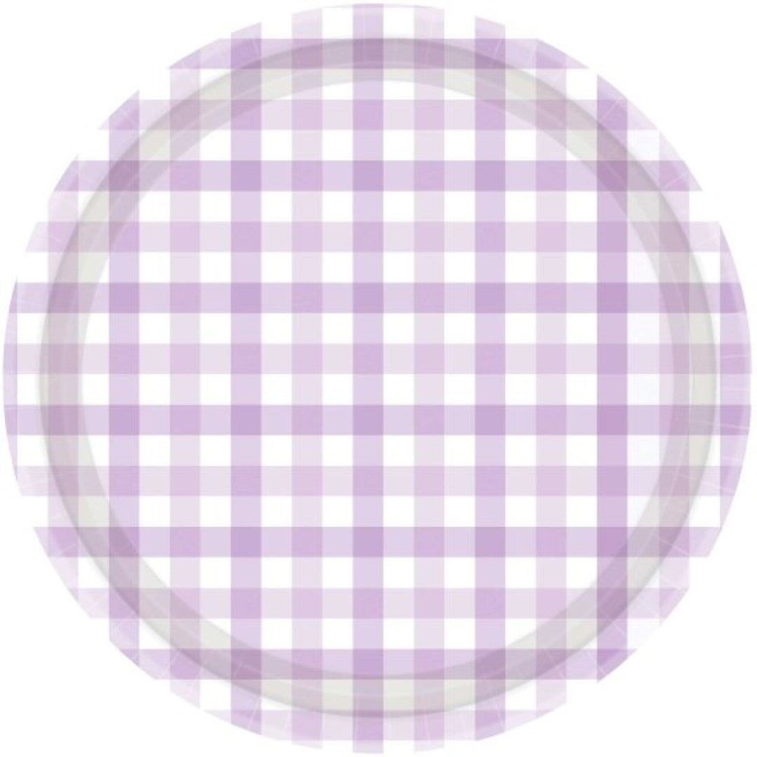 Pastel purple 23cm paper plates with a charming gingham pattern, ideal for festive occasions, pack of 8.