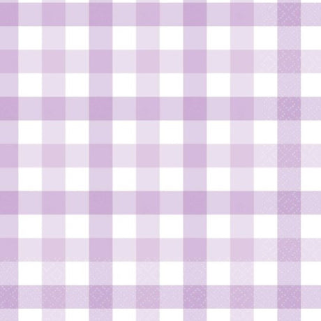 Pastel purple gingham lunch napkin pack of 16, perfect for stylish dining and eco-friendly gatherings.