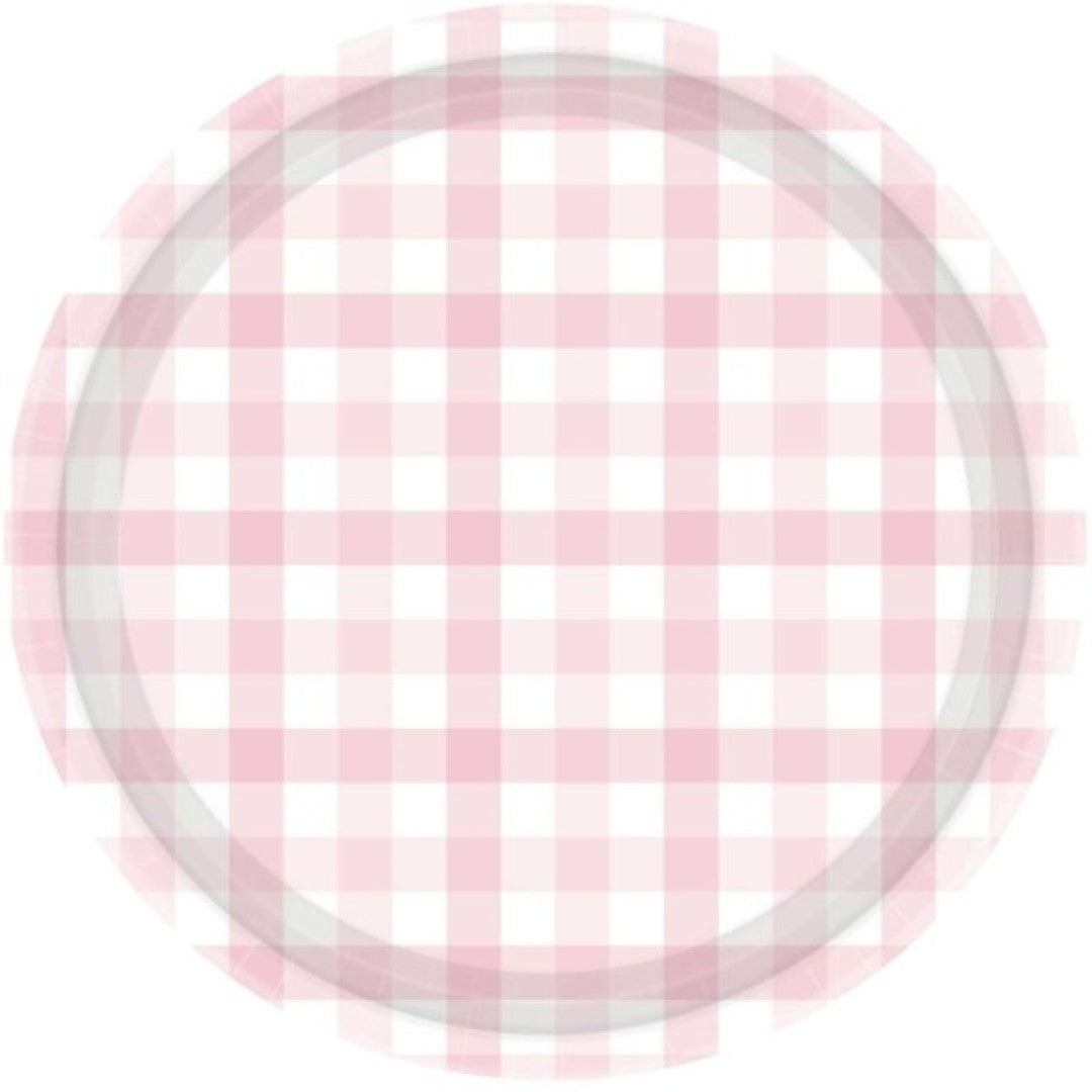 Pastel pink 17cm paper plates with a charming gingham pattern, ideal for parties and picnics, pack of 8.