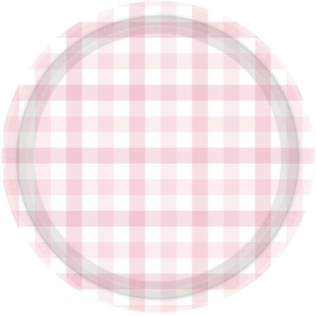 Pastel pink 17cm paper plates with a charming gingham pattern, ideal for parties and picnics, pack of 8.