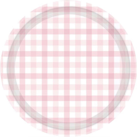 Pastel pink Gingham paper plates, 23cm, pack of 8, eco-friendly, perfect for parties and picnics.