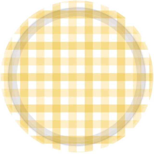 Pastel yellow 17cm paper plates with a whimsical gingham pattern, perfect for stylish, eco-friendly entertaining.