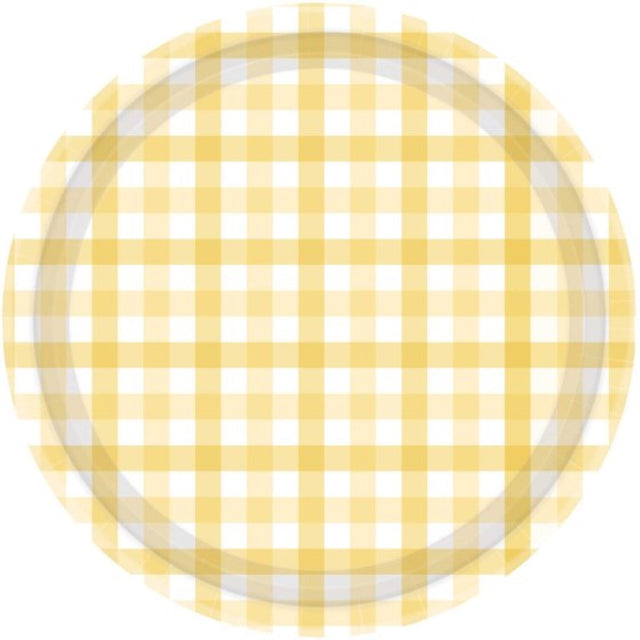 Pastel yellow 23cm paper plates with charming gingham pattern, perfect for eco-friendly parties and outdoor gatherings.