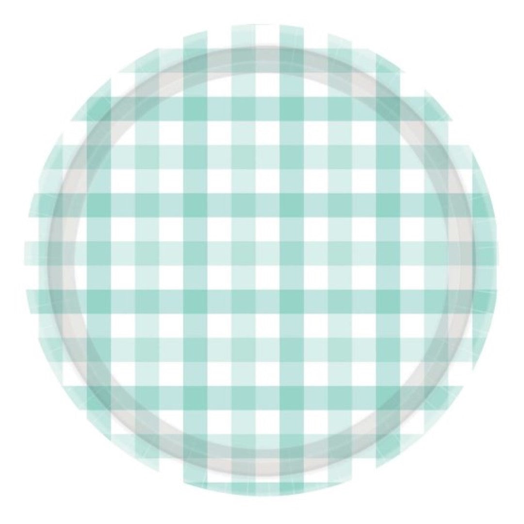 Pastel mint gingham 17cm paper plates, eco-friendly, stylish for events, pack of 8, perfect for parties and picnics.