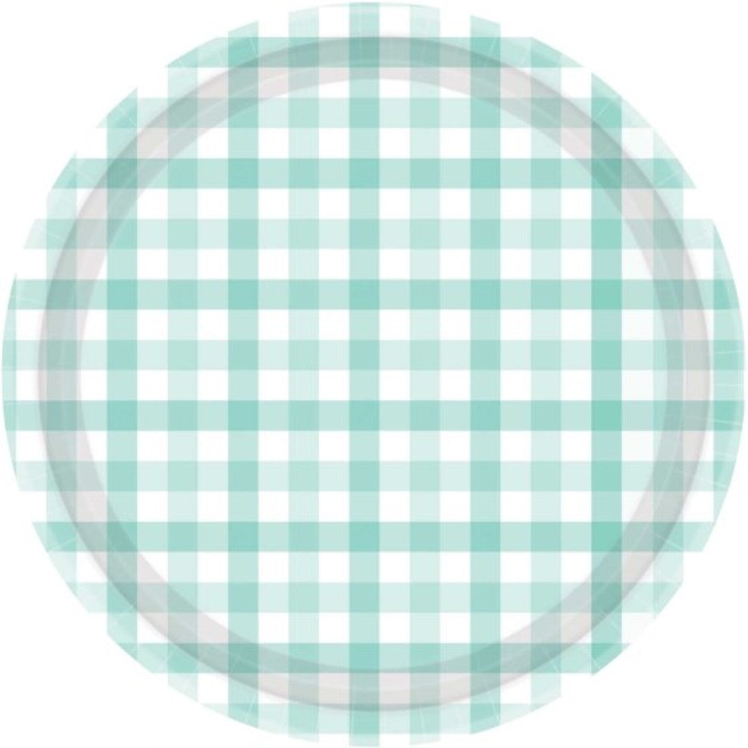 Pack of 8 pastel mint gingham paper plates, 23cm, stylish and eco-friendly for any celebration.