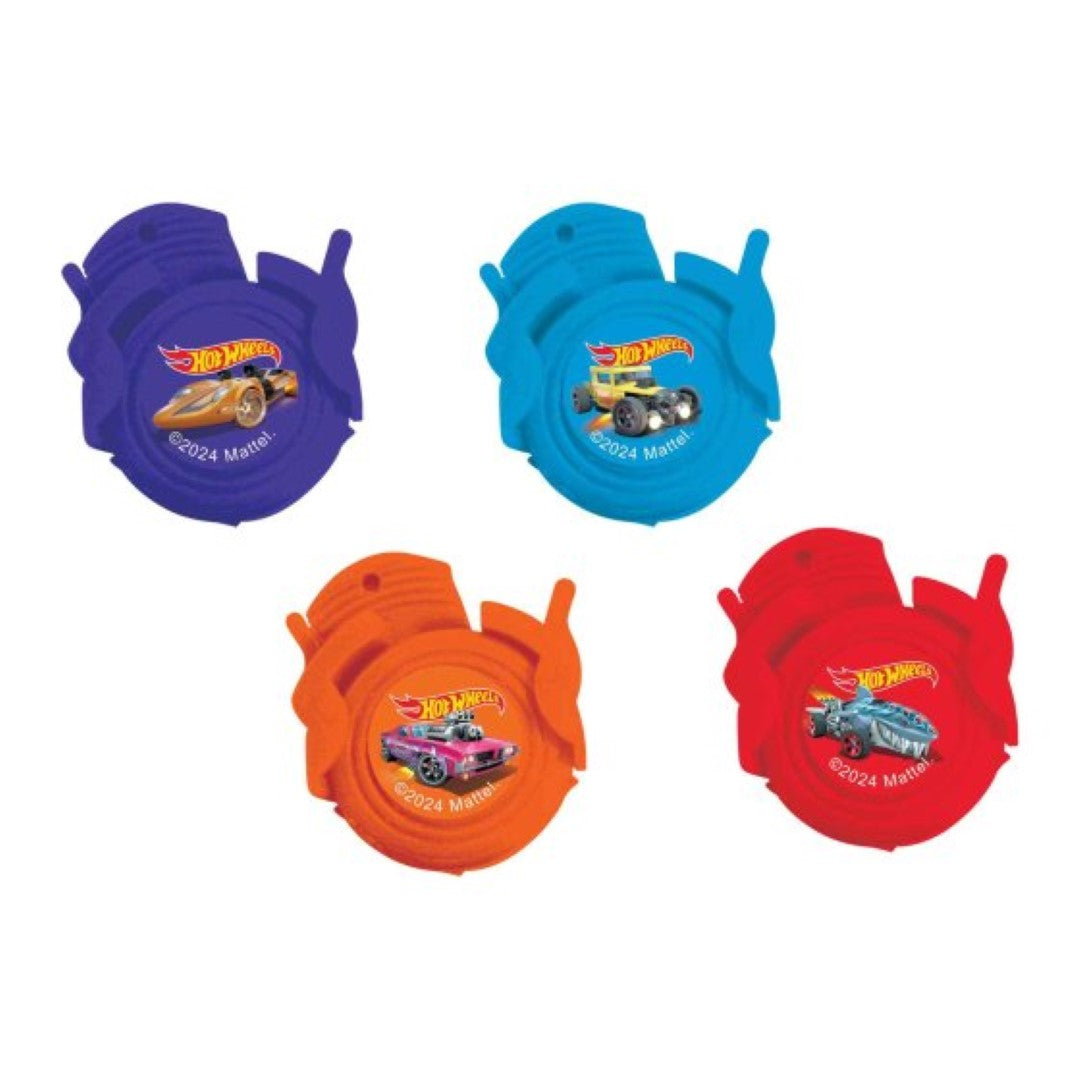Hot Wheels Disc Shooter Favor set of 8, vibrant designs, launches colorful discs for interactive party fun.