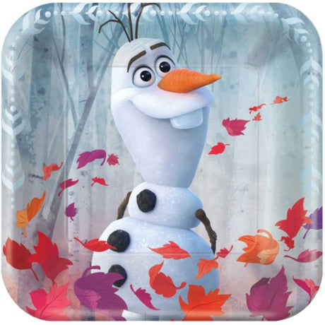 Frozen 2 17cm square paper plates featuring beloved characters, ideal for themed celebrations and easy clean-up. Pack of 8.