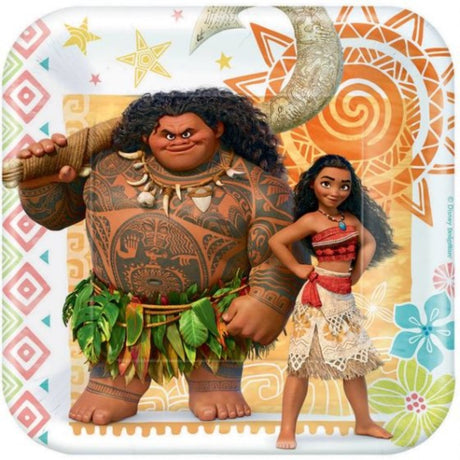 Moana-themed square paper plates, 17cm, pack of 8, eco-friendly and durable for vibrant celebrations.