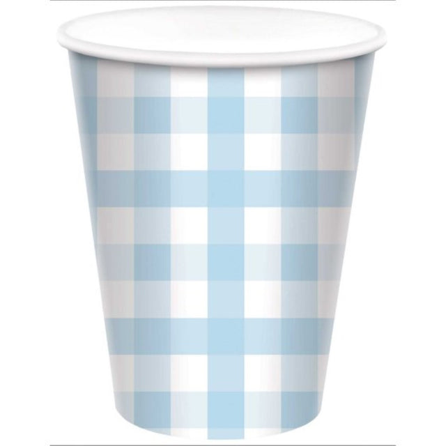 Pastel blue gingham paper cup, 266ml, pack of 8, perfect for parties and eco-friendly events.