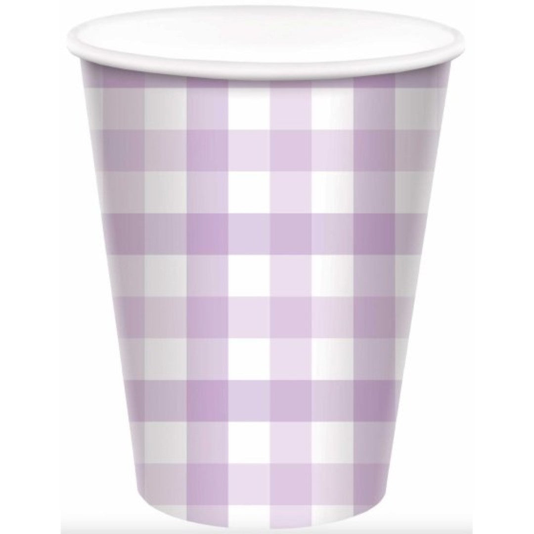 Pastel purple gingham paper cup pack of 8, eco-friendly, perfect for parties and events.