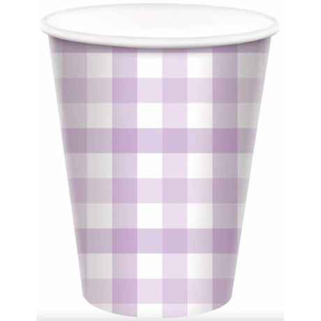 Pastel purple gingham paper cup pack of 8, eco-friendly, perfect for parties and events.