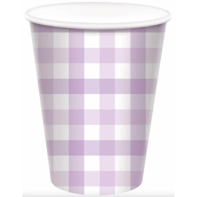 Pastel purple gingham paper cup pack of 8, eco-friendly, perfect for parties and events.