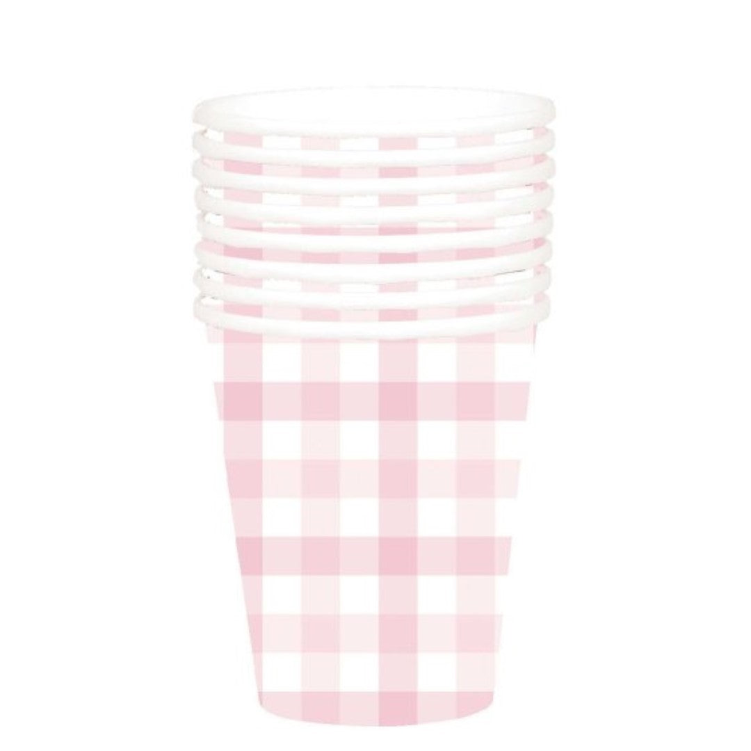 Pastel pink 266ml paper cups with stylish gingham design, perfect for parties and eco-friendly gatherings. Pack of 8.
