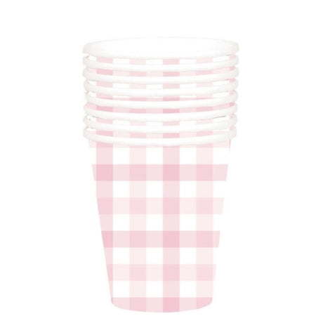 Pastel pink 266ml paper cups with stylish gingham design, perfect for parties and eco-friendly gatherings. Pack of 8.