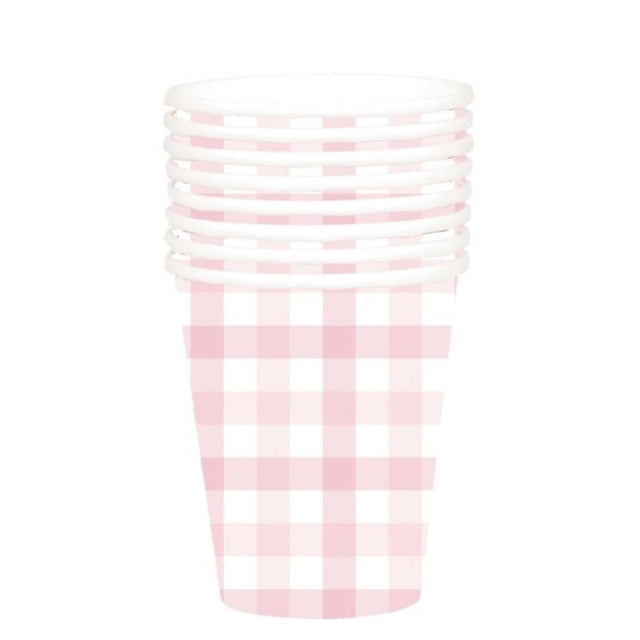 Pastel pink 266ml paper cups with stylish gingham design, perfect for parties and eco-friendly gatherings. Pack of 8.