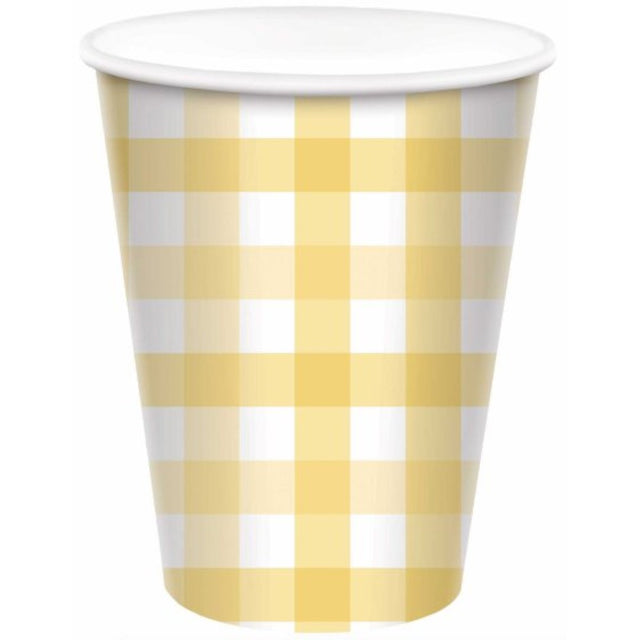 Pastel yellow 266ml paper cups with gingham design, perfect for parties and eco-friendly gatherings. Pack of 8.