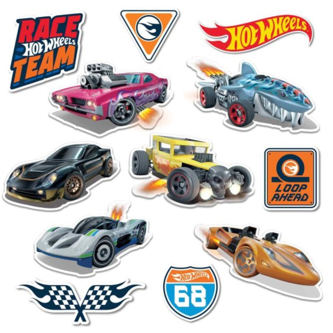 Vibrant Hot Wheels cutout decorations, pack of 12, perfect for car-themed parties, featuring assorted iconic designs.