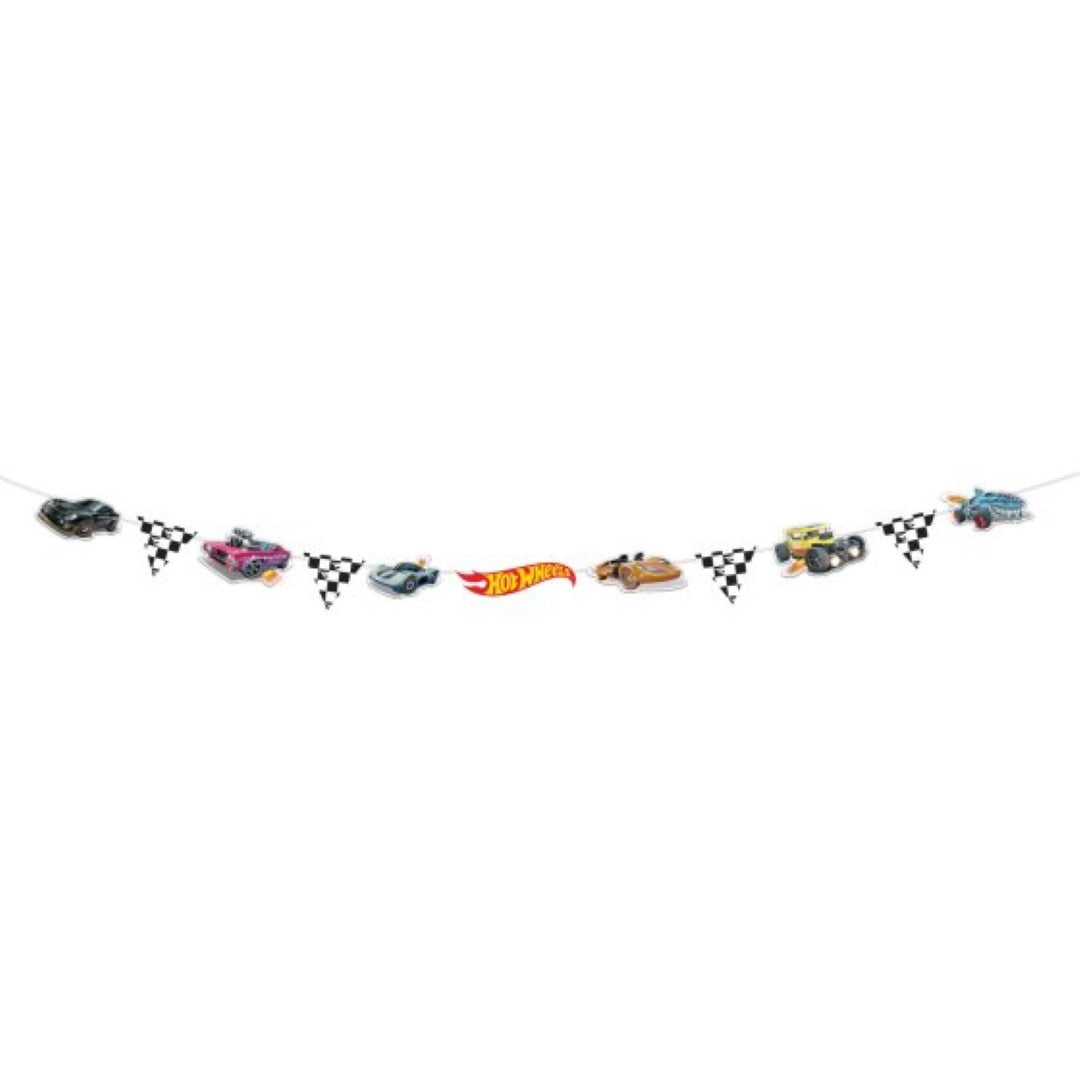 Vibrant Hot Wheels Garland Banner, 3m long, featuring iconic designs for car-themed parties and room décor.