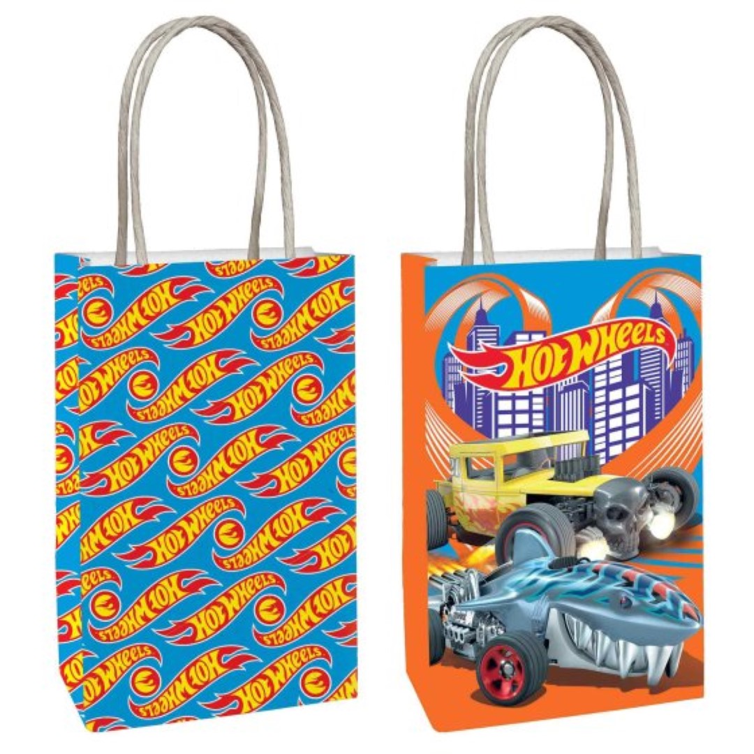 Vibrant Hot Wheels paper kraft bags in a pack of 8, perfect for car-themed gifts and eco-friendly celebrations.