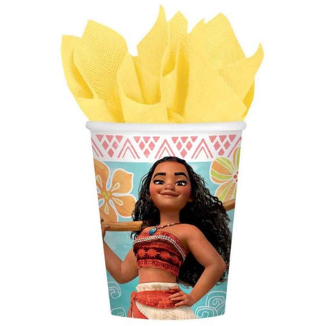 Vibrant Moana-themed 266ml paper cups, eco-friendly, perfect for parties and gatherings, pack of 8.