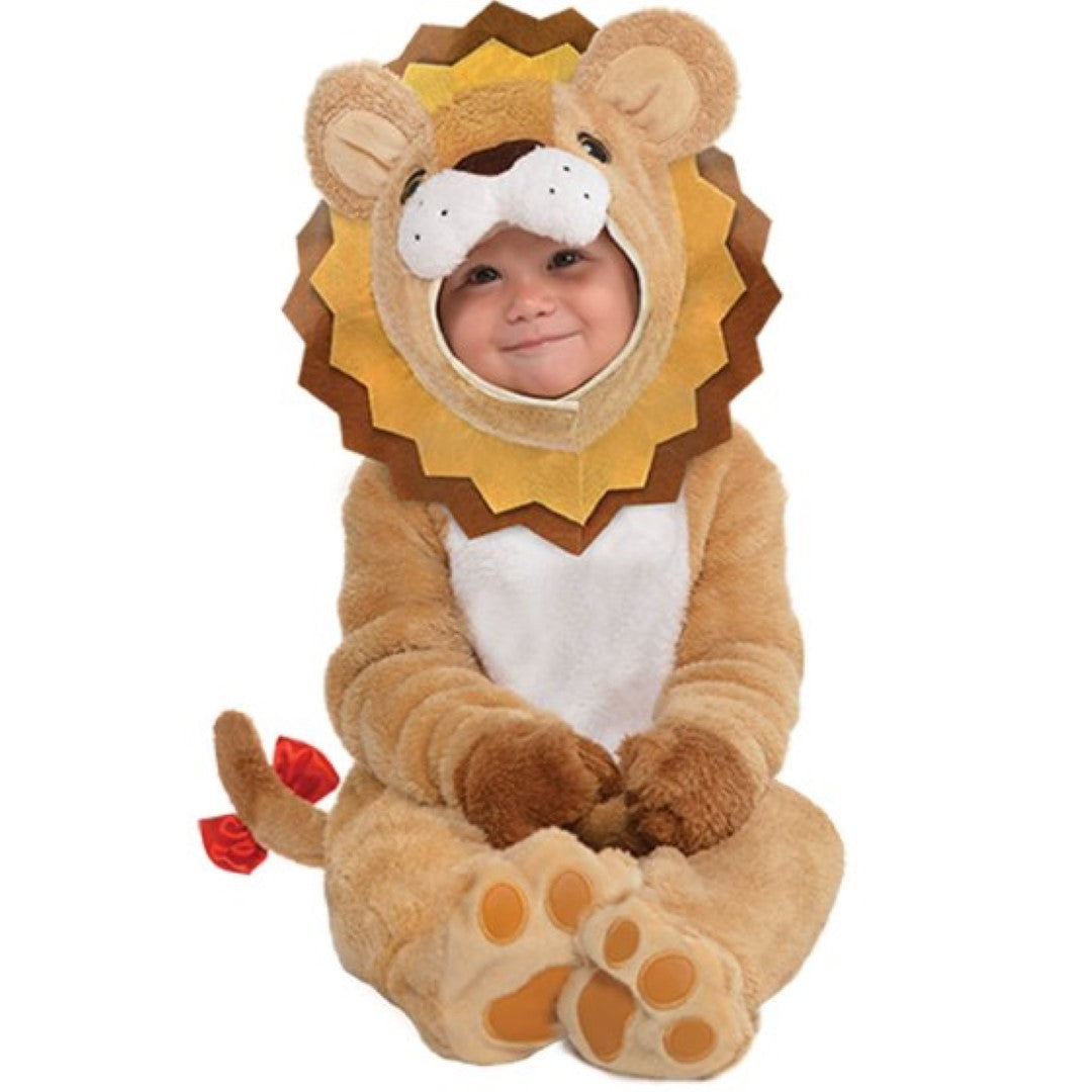Adorable lion costume for infants 6-12 months, featuring a cozy jumpsuit, hood, booties, and handcovers for playful adventures.