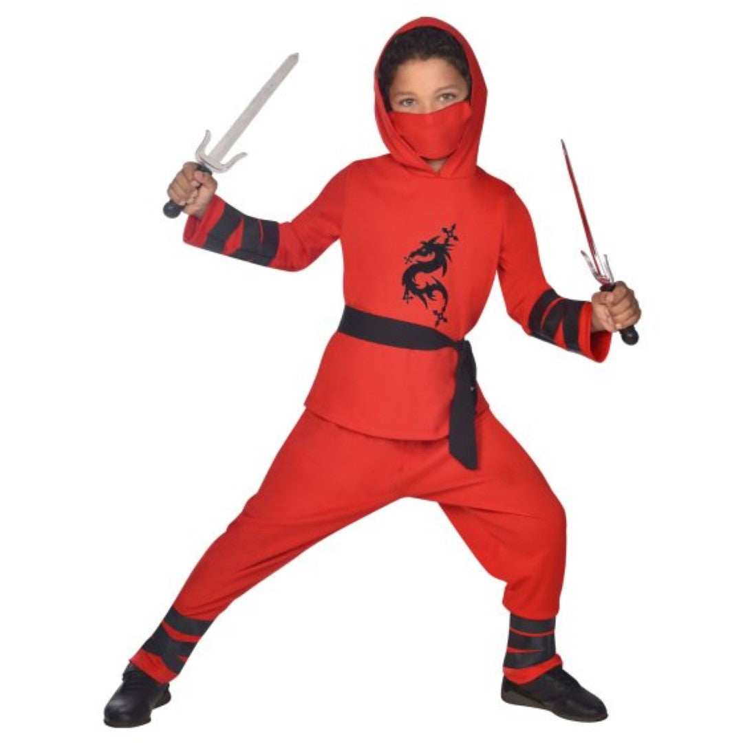 Vibrant red Ninja Warrior costume for kids ages 4-6, featuring a hooded top, trousers, belt, and face mask.