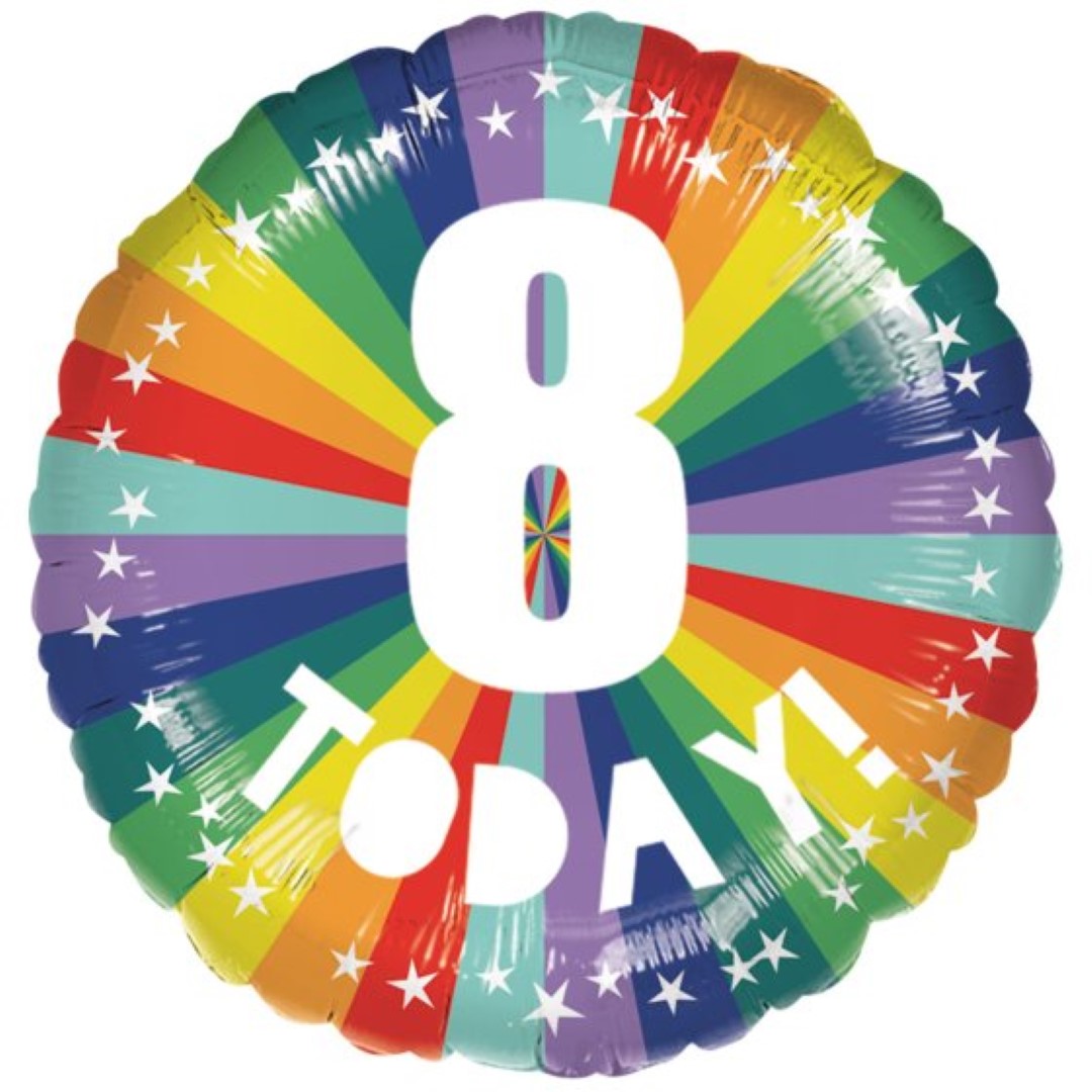 45cm vibrant rainbow balloon featuring '8 Today' for birthdays and celebrations, durable and easy to inflate.
