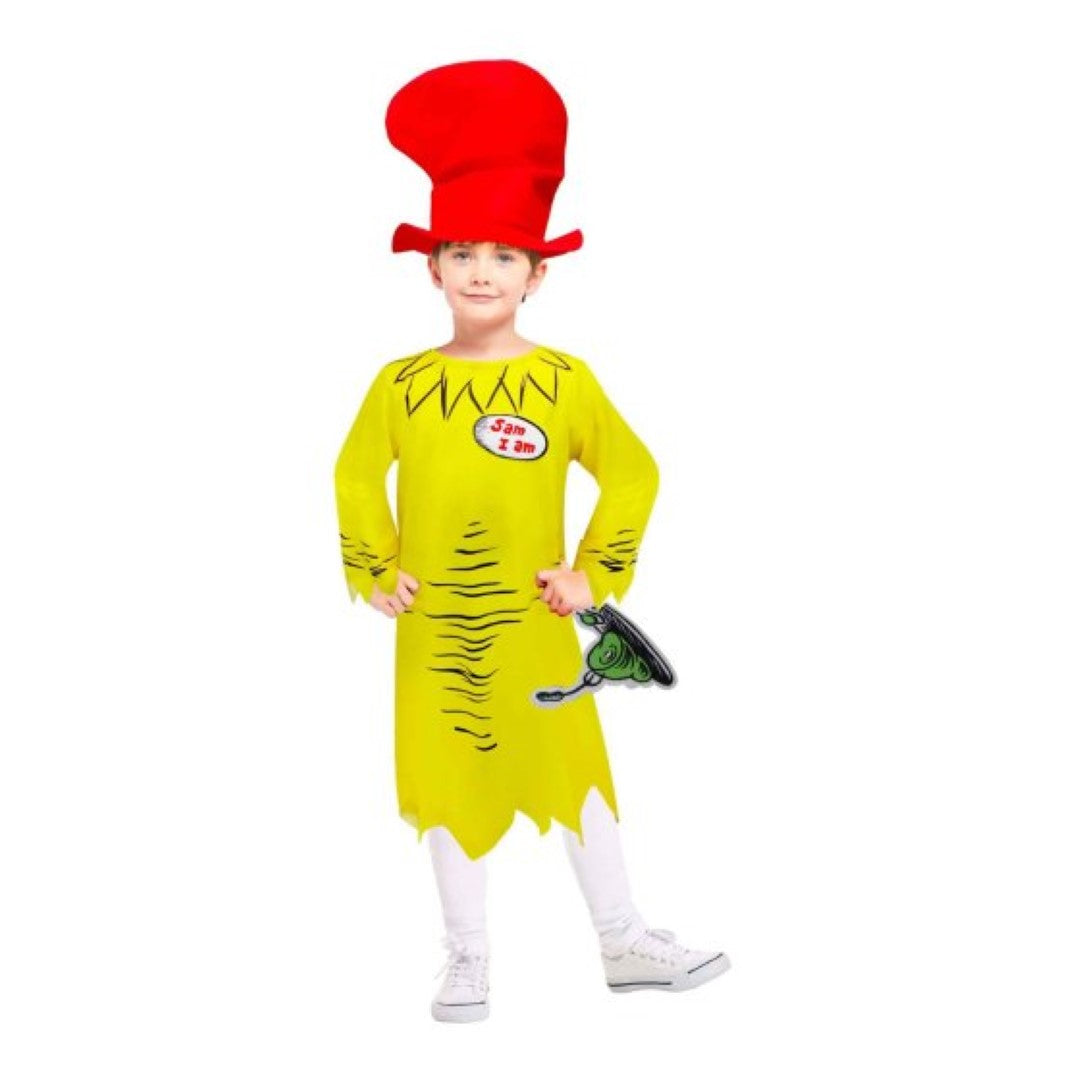 Vibrant Dr. Seuss Sam I Am costume for ages 10-12, complete with robe, hat, and accessory for imaginative play.