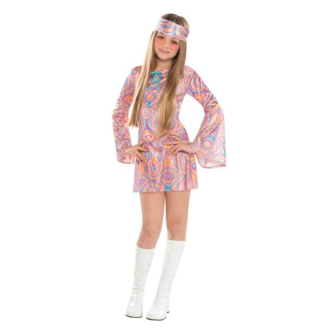Vibrant Disco Diva costume for ages 12-14 with colorful sequins and stylish headscarf, perfect for parties and dances.