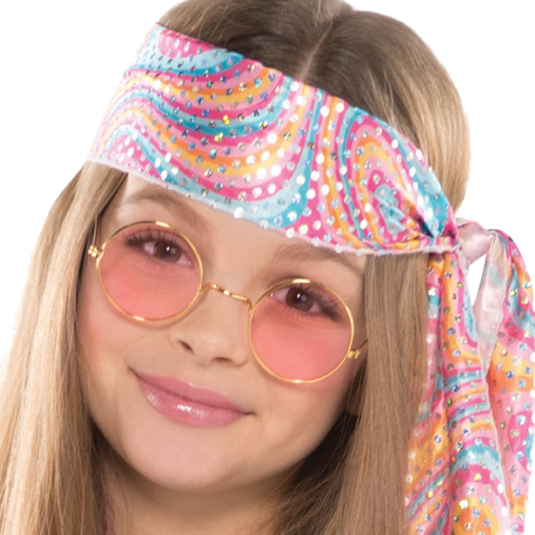 Vibrant Disco Diva costume for ages 12-14, featuring colorful sequins and a stylish headscarf for themed events and parties.