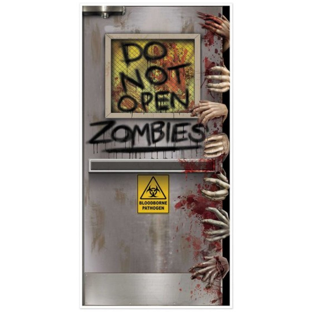 Beistle Zombies Lab Door Cover featuring a haunting zombie lab design, perfect for Halloween decorations.