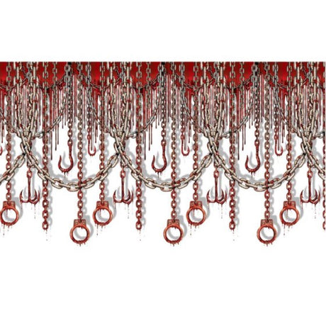 Eerie Beistle Bloody Chains & Hooks Backdrop, 1.21m x 9m, perfect for Halloween parties and spooky photo opportunities.