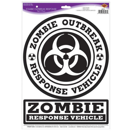 Beistle Zombie Outbreak Response Peel 'N Place featuring a striking zombie design, perfect for Halloween decorations.