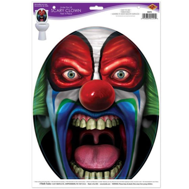 Chilling peel-and-stick clown decoration, 30cm x 43cm, perfect for Halloween parties and haunted houses.