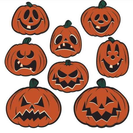 Eight vintage pumpkin cutouts, 17cm to 24cm, perfect for Halloween decorations and creating a nostalgic festive atmosphere.
