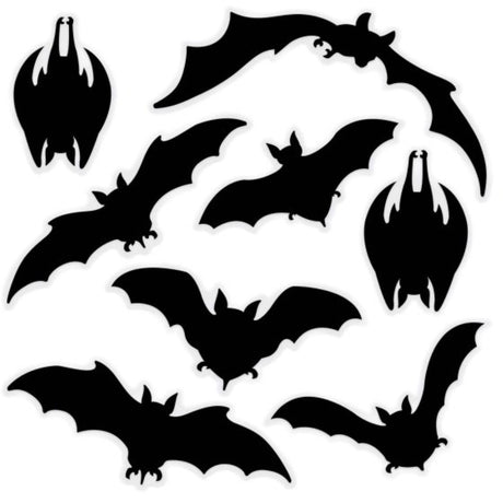 Pack of 8 Beistle Bat Silhouette Clings for Halloween decorations, featuring various bat shapes for spooky displays.