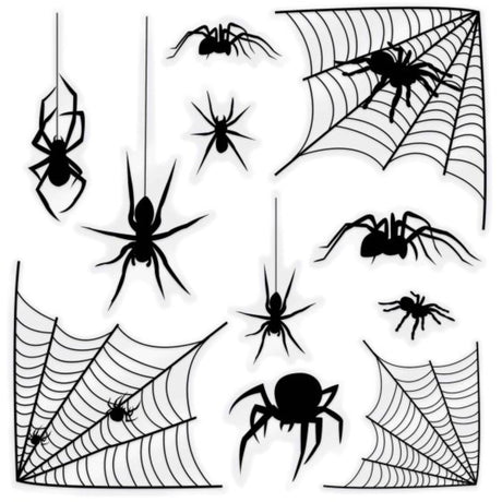 Pack of 11 spider and web cutouts for Halloween décor, ideal for indoor and outdoor spooky decorations.