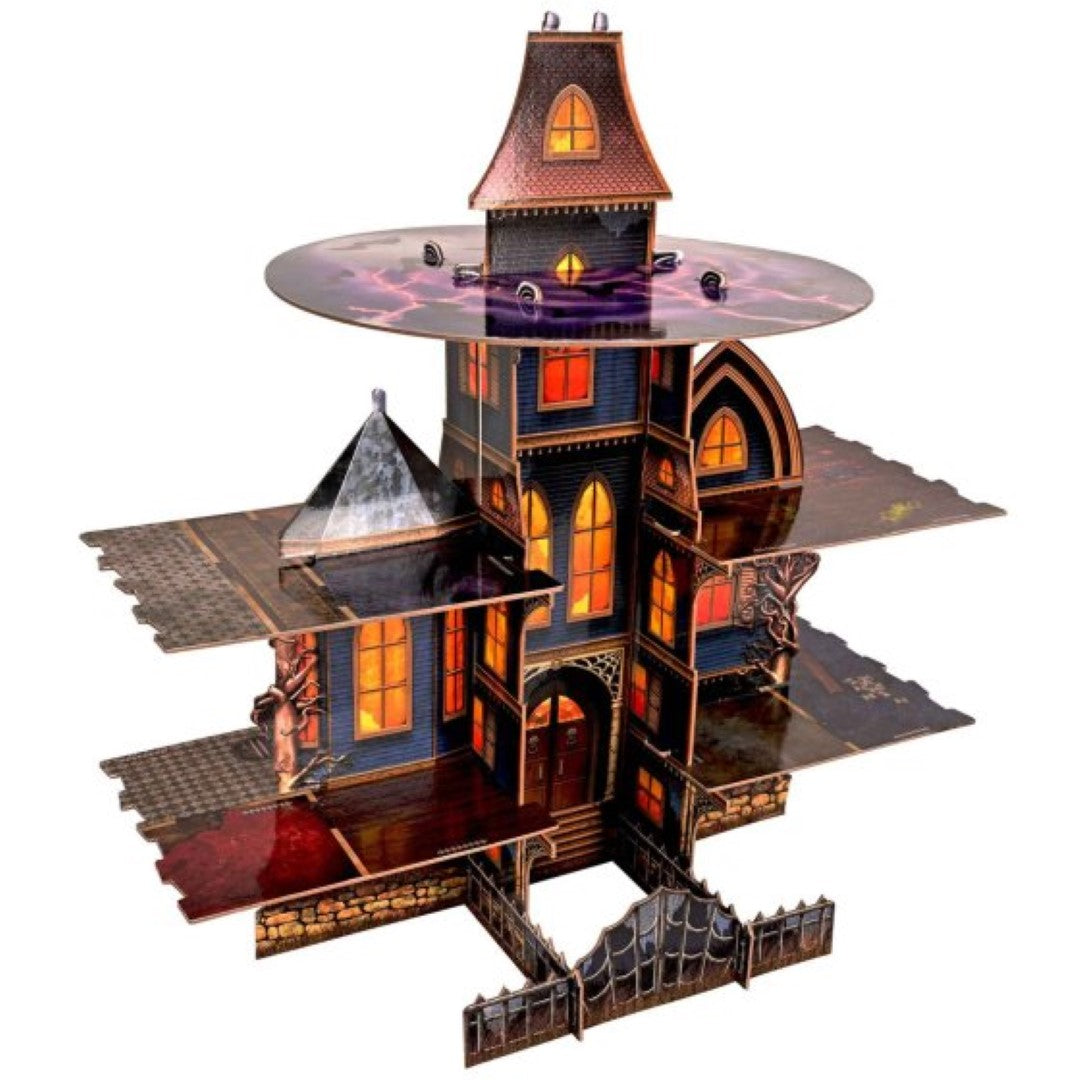 Whimsical haunted house cupcake stand featuring ghosts, bats, and cobwebs, perfect for Halloween celebrations.