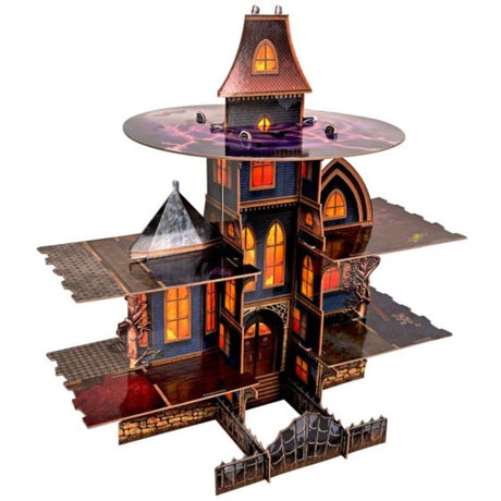 Whimsical haunted house cupcake stand featuring ghosts, bats, and cobwebs, perfect for Halloween celebrations.