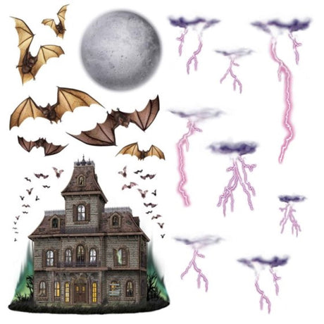 Pack of 16 Beistle Haunted House props in various sizes, perfect for chilling Halloween decorations indoors or outdoors.