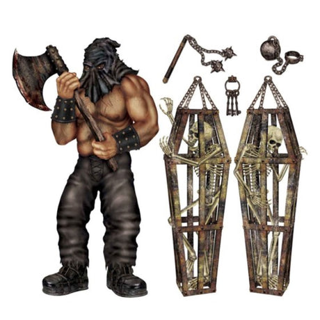 Pack of 6 Beistle executioner and skeleton props, life-size and detailed for haunting Halloween displays and decorations.